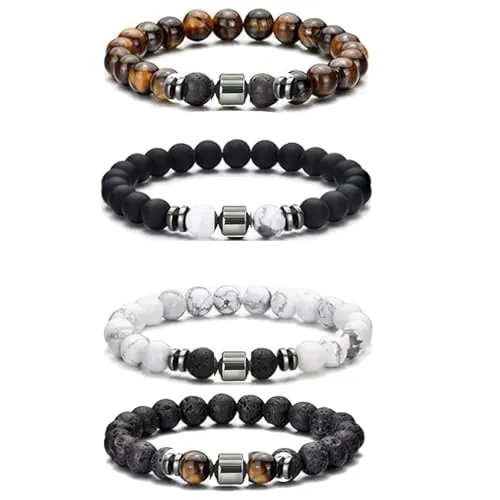 TREABEAR Pulsera Hombre con Caja de Regalo - Piedras Naturales como Ojo de Tigre, Chakras, Ónix y Turmalina Negra
