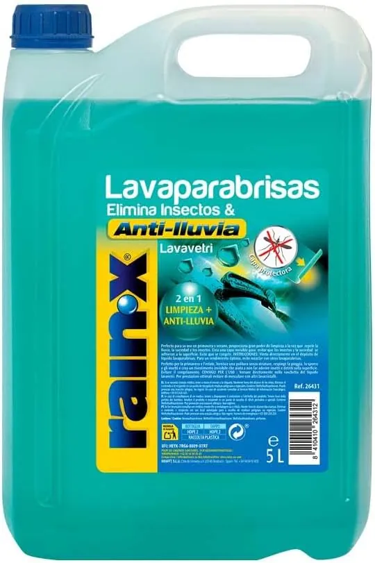 Rain-X Limpiaparabrisas Coche Antilluvia con Protección Anti Mosquitos - Tecnología Hidrofóbica Antilluvia – Previene la Formación de Bacterias y Mejora la Visibilidad - 5L