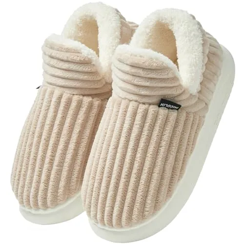 Misolin Zapatillas Casa Mujer Invierno Memory Foam Cerradas Pana Pantuflas | Con Forro de Peluche, Cálidas y Cómodas, Suave y Confortable, Antideslizante, Interior y Exterior,Caqui 260(EU 36-37)