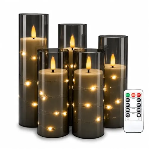Da by 5 Velas LED Grises con Tubo Exterior y Luces Hada Internas, Llama Parpadeante Realista, 1 Mando, Plástico Resistente al Calor, Tamaños Surtidos, Reutilizables para Interior y Exterior
