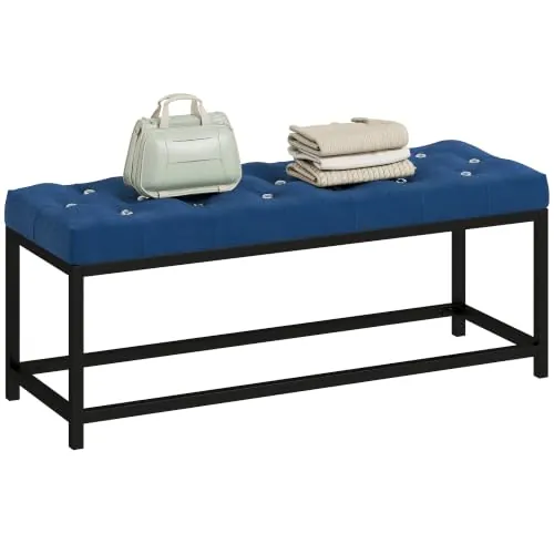 HOMCOM Banco Pie de Cama Tapizado Terciopelo Diseño Capitoné Azul Oscuro