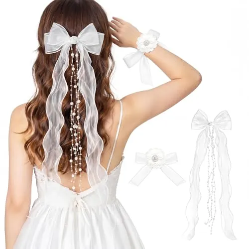 Tocado de comunión para niña, lazo blanco con cintas de organza y perlas, tocado para primera comunión, niña de flores, diadema para bautizo, confirmación, boda, cumpleaños, día festivo (blanco)