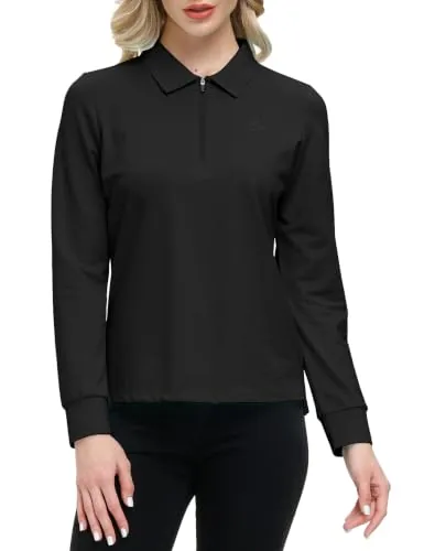 MoFiz Polo Mujer Camiseta Manga Larga Invierno Algodón Trabajo Golf Tops con Cuello Zip Negro XL