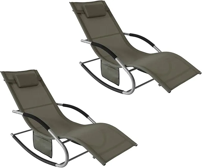 SoBuy Set de 2 Tumbonas de Jardín Reclinables – Sillas Ergonómicas de Exterior con Almohada y Bolsillos Laterales, Tejido Transpirable, 150 kg, para Playa, Terraza, Camping y Piscina OGS28-BRx2