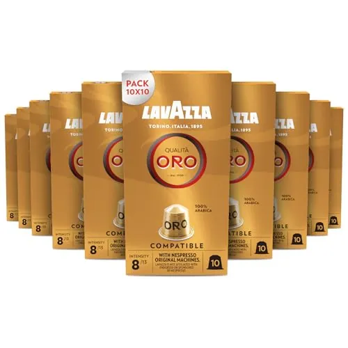 Lavazza, Qualità Oro, 100 Cápsulas de Café Compatibles con las Máquinas Nespresso* Original, con Notas Aromáticas Florales y Afrutadas, 100% Arábica, Intensidad 8, Tueste Ligero