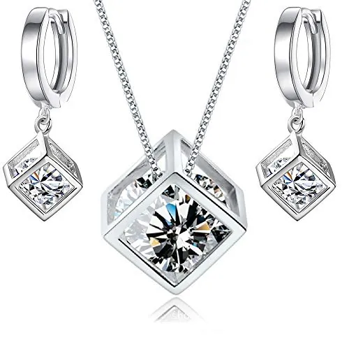 Crystalline Azuria Mujer 18ct Chapado en Oro Blanco Blanco Zirconia Cubo Juego de joyas Collar Pendientes para Mujer y Niña