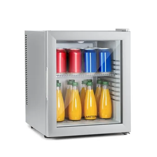 KLARSTEIN Nevera Pequeña Portatil Eléctrica Puerta Cristal, Mini Nevera Silenciosa para Casa y Oficina, Frigorificos Pequeños Refrescos, Cervezas, Estantes Extraíbles, Minibar 12-18°C, 32 l.