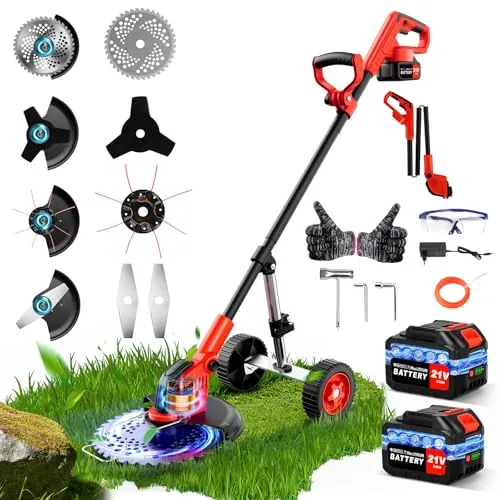 Desbrozadora a Bateria con Ruedas 12 Inch, Cortabordes Electrico de 800W con Pantalla LCD, Desbrozadora Electrica 2 Baterías 6000 mAh, 4 Tipos de Cuchillas para Césped, Jardín, Patio