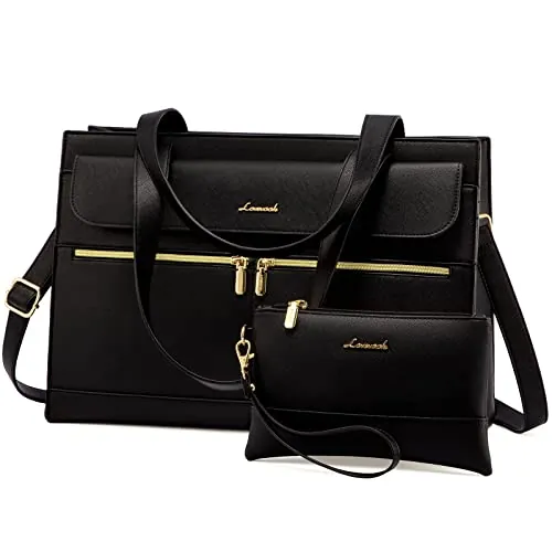 LOVEVOOK Bolso Mujer Grande de Cuero PU, Shopper Impermeable para Portátil 15.6 Pulgadas, Tote 2 Piezas para Universidad, Oficina y Trabajo, Negro
