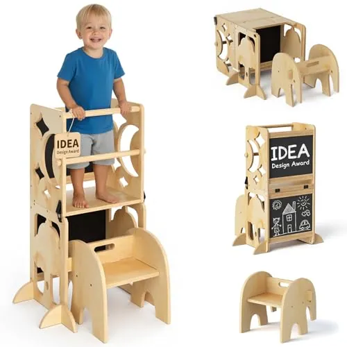 COSYLAND Torre de Aprendizaje Infantil 4 en 1 para Cocina con Barandilla de Seguridad, Diseño Plegable con Doble Pizarra, Convertible en Conjunto de Escritorio y Silla Infantil, Natural Clásico