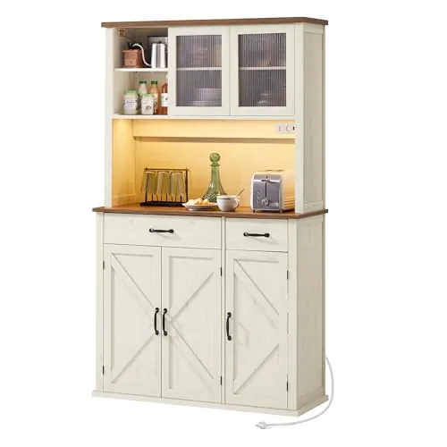 VASAGLE Armario con Luces y Cargador, Armario de Cocina, con Puertas y Cajones, 39,5 x 106,5 x 180,6 cm, Estantes Ajustables, Estilo Rústico, Blanco Rústico y Marrón Miel BBK391W02