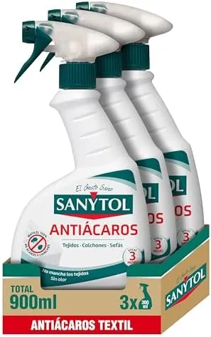 Sanytol - Spray Antiácaros, Mata Ácaros (incluido Sarna) y Chinches en Tejidos no Lavables, Ideal para Colchón, Sofás, Alfombras y Otros Textiles no Lavables - Pack de 3 x 300 ml = 900 ml