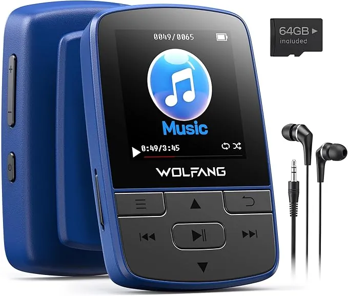 WOLFANG Reproductores MP3 de 64 GB con Bluetooth 5.2, Clip Deportivo, tamaño Mini, Peso de 1 Onza, Altavoz HiFi, Radio FM, grabadora de Voz, Auriculares incluidos