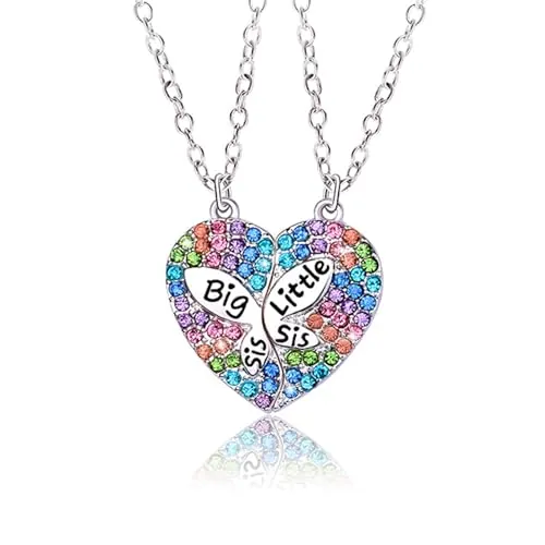 2 PCS Collar de Hermanas Colgante de Corazon, Big Sis Little Sis Best Friends Collares con Cristal Coloridos, Collar de Amistad Magnéticos, San Valentín Joyería de Amistad para Niñas Hermanas Amigos