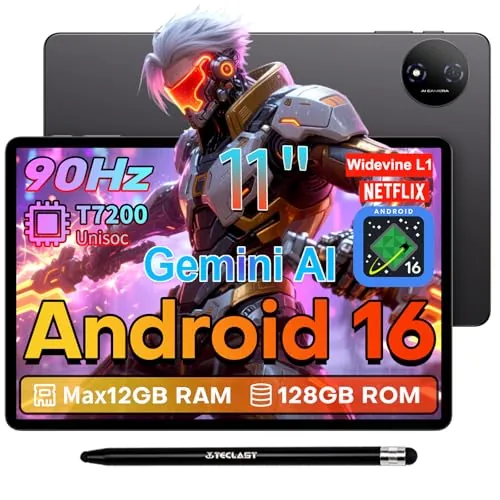 TECLAST P50T Tablet 11 Pulgadas Android 16 Tableta 90Hz, 2GHz Octa-Core CPU, Gemini AI, 12GB RAM+128GB ROM(TF 5TB), 7000mAh, 5G WiFi, Widevine L1, GPS, 13MP+5MP/3.5MM/BT5/OTG, Tablets con Lápiz, 2026