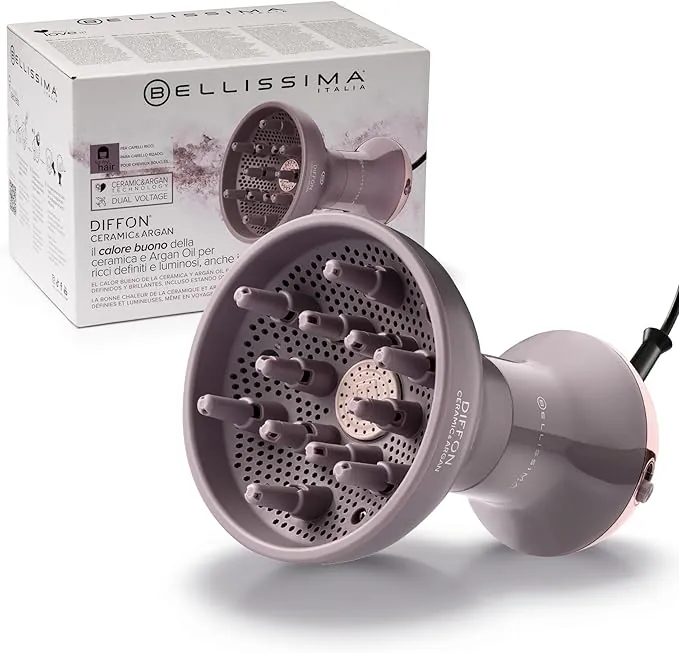 Bellissima Imetec Diffon Ceramic & Argan: Difusor para Cabello Rizado con Aceite de Argán para Rizos Definidos, Brillantes e Hidratados – Acción Anti-Frizz, Secado Suave, Doble Voltaje