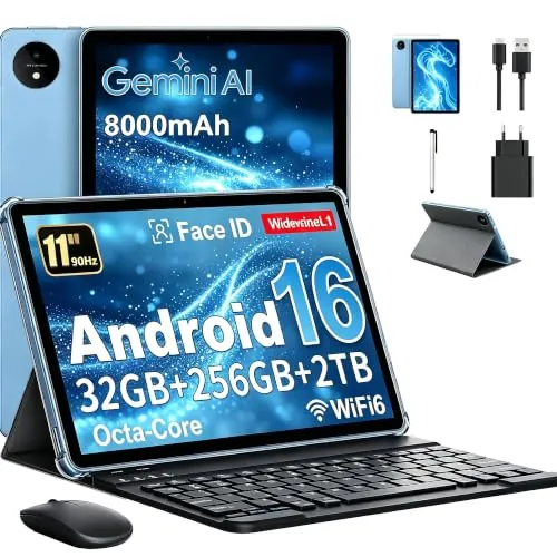 Tableta 11 Pulgadas en Gemini AI, Tableta Android 16 en Funda, Teclado & Ratón, Octa-Core, 32 GB RAM + 256 GB ROM + 2 TB TF, 1920x1200 Pantalla HD, 90 Hz, Cámara Doble 8MP + 16MP, 8000 mAh (Azul)