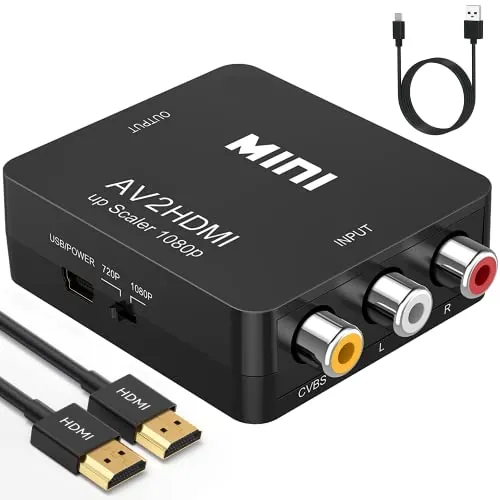 ABLEWE Convertidor de RCA a HDMI, de AV a HDMI, adaptador convertidor de vídeo y audio Mini RCA compuesto CVBS 1080P compatible con PAL/NTSC para TV/PC/ PS3/ STB/Xbox VHS/VCR/reproductores de DVD