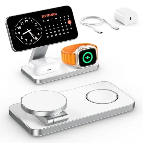 EXW Cargador inalámbrico magnético 3 en 1 Cargador portátil Plegable para iPhone 17/16/15/14/13/12 AirPods Apple Watch Adaptador de Cable 20W (Blanco)