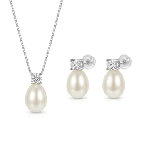 Bijou d'Amour Plata S925 Set de Collar y Pendientes con Perlas Naturales – Circonitas Brillantes – Joyería Elegante para Mujer – Regalo para Bodas, Aniversario, San Valentín y Día de la Madre