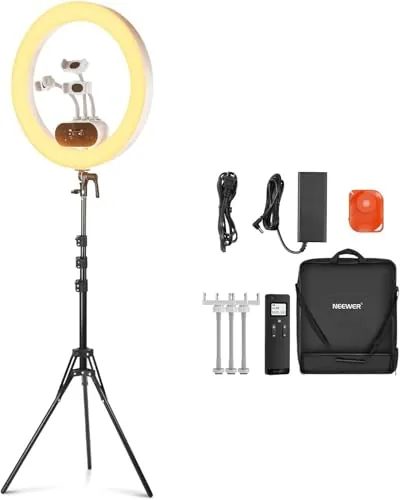 NEEWER Luz Anular LED de 19" y 100W de Alta Potencia con Trípode, RH100B | 3 Soportes para Teléfono Compatibles con iPhone, 2900‑7000K CRI97+, APP y 2,4G Control,Selfies, Vídeo, Maquillaje, Streaming
