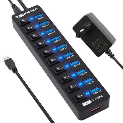 Hub USB 3.0 Alimentado,VEMONT Multi USB Hub(10*USB3.0 + 1*Carga Inteligente