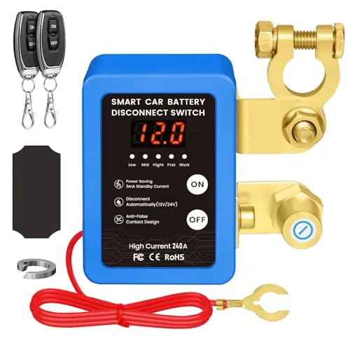Desconectador de Bateria Coche, 12V 240A Corta Corriente Bateria Coche, Interruptor de Desconexión de Batería Remota con 2 Telecontrol, Interruptor de Batería para Coche Camión RV ATV (Blue)
