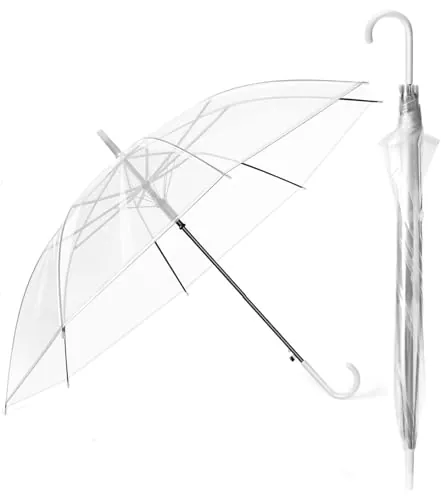 Ichigo Ichie Paraguas Largo Transparente Resistente al Viento con 8 Varillas de Fibra de Vidrio, Mango Curvado, Ligero y Portátil, Protección Contra la Lluvia, Ideal para Bodas, Viajes y Uso Diario