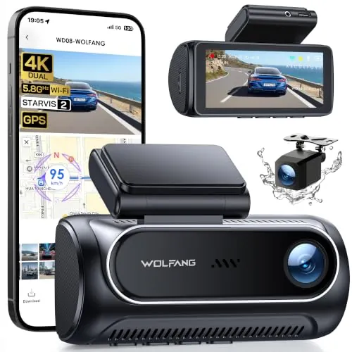WOLFANG Dashcam 4K+4K Delantera y Trasera con STARVIS 2,Pantalla IPS de 3,69 Pulgadas, WiFi de 5,8 GHz, GPS, Cámara de Coche, WDR Gran Angular de 170°, Monitor de Aparcamiento 24H