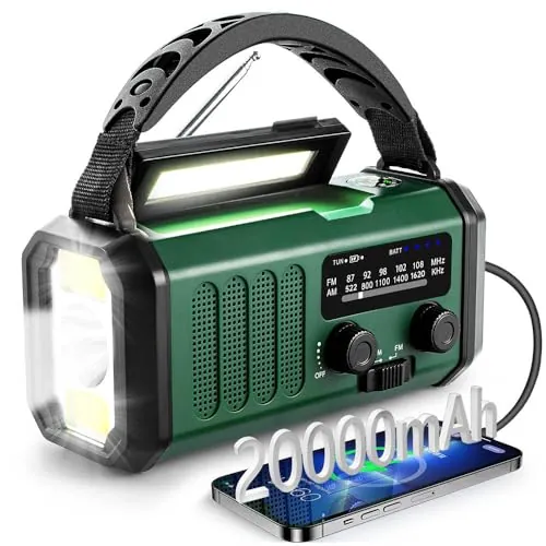 20000mAh Radio a Pilas, Radio de Emergencia Portátil,Alarma SOS, Radio FM/Am con lámpara de Lectura, brújula,generador de manivela y Carga Solar, para Exteriores, Carga de Emergencia para Smartphones