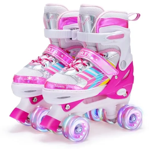 Patines 4 Ruedas Niña Niño, Patines para niños con Ruedas de iluminación Roller Quad Ajustables para Niñas y Niños Principiantes(Rosa, M (EU32-36))