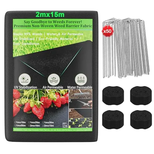OUNUO Malla Antihierbas para jardín, 100 g/m² Geotextil, Rollo de 2 m x 15 m con 50 Anclajes de Tierra para jardín, lámina Permeable al Agua, Resistencia al desgarro, Anti-UV, Negro