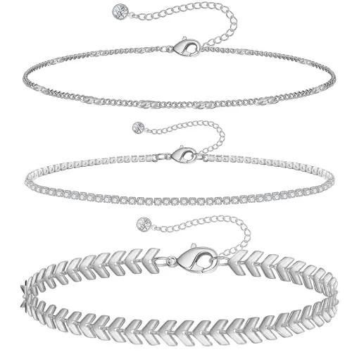 VGWON Tobillera de Plata para Mujer,15K Chapado en Oro Tobillera Pulseras, Cuentas de Plata de Tenis de Cuarzo Rosa de la Cadena de la Espina de Pescado Zirconia Tobilleras Conjunto…