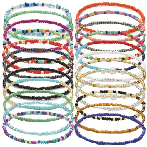 Wnddle 24 Piezas Tobilleras para mujer, tobilleras bohemias, Tobilleras con cuentas hechas a mano, coloridas cuentas de arroz, tobilleras con cuentas hechas a mano, para Niñas Mujeres