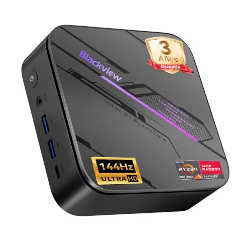 Blackview MP100Pro Mini PC (2026) con AMD Ryzen 5 7430U, Win 11 Pro Mini Ordenadores de sobremesa, 16GB RAM (Ultra-rápido 3733 MT/S) 512GB SSD, 4K 144Hz, Iluminación RGB, WiFi 6 para Oficina, Hogar