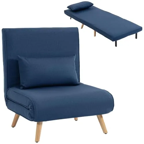 HOMCOM Sofá Cama Individual Plegable 3 en 1 Tapizado en Lino Azul Oscuro