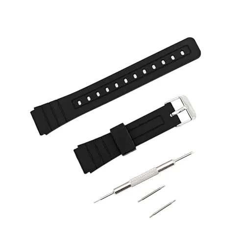 JZK Correa de reloj de repuesto para Casio F-91W F-84 F-93 F-94 F-98 F-105 F-106W F-108 F-201 W-59 A-158, correa de reloj de plástico negro con pasador de resorte y herramienta de extracción de correa