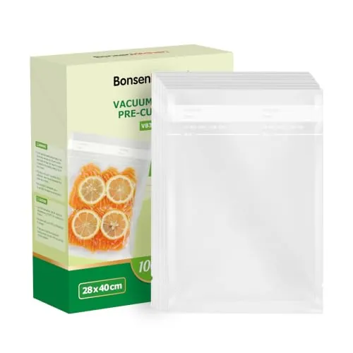 Bonsenkitchen Bolsas de Vacío Reutilizables 28x40 cm, 100 Unidades | Sin BPA, Cierre a Presión, Polietileno (PE) o Polipropileno (PP), Apta para Cocinar al Vacío，VB3214