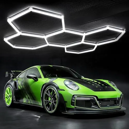 Lámpara de techo LED hexagonal para garaje-24pcs luces de tubo, 192W 6500K luces LED de techo conectables para taller, garaje, almacén, gimnasio,sala de lavado para el cuidado del automóvil (5-Hex)