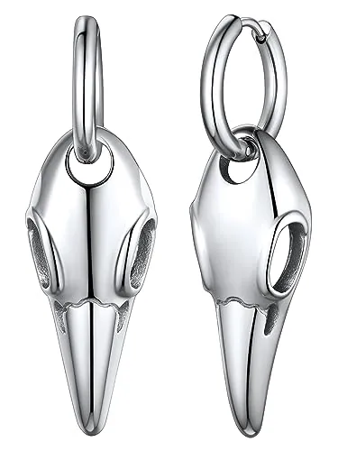 FaithHeart - Pendientes para hombre, acero inoxidable, diseño de calavera de cuervo