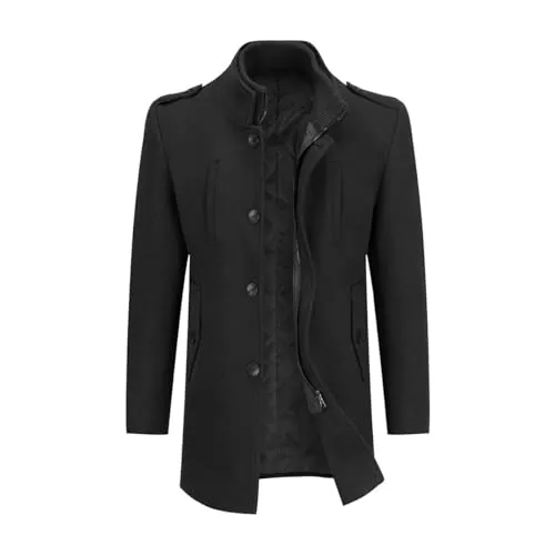 Allthemen Abrigo de invierno de lana para hombre con cuello alto Chaqueta corta de invierno Slim Fit Gabardina forrada informal Negro L