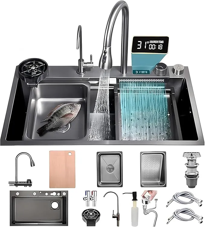Fregadero de cocina para estación de trabajo de acero inoxidable con grifo de cascada y chorro de alta presión, simple y doméstico, 90 x 50 cm, negro/gris