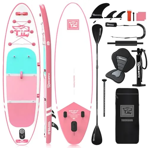 Tabla Paddle Surf Hinchable TIGERXBANG Paddle Board 320x82x15cm con Accesorios Premium Tabla Sup, PadelSurf Stand Up Padding para Adultos/Niños con Remo Doble Uso, Asiento Kayak,Defender-Pro Rosado