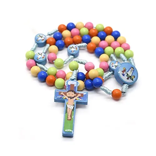FUZYXIH Rosario para niños, cuentas de madera coloridas, collar de rosario, collar de oración católica para bautizo, bodas, recuerdos de fiesta