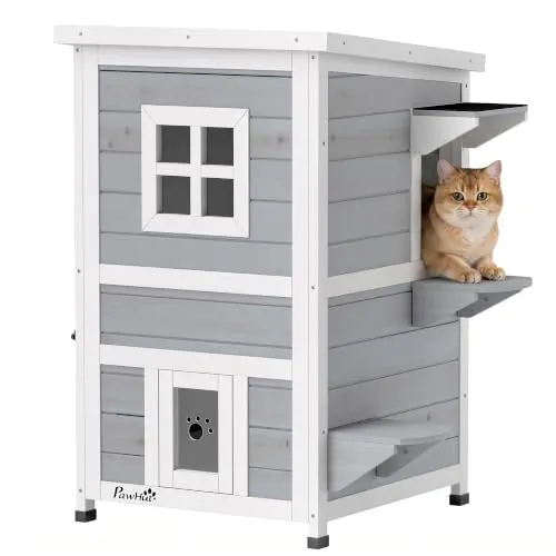 PawHut Caseta para Gatos de Madera Exterior 2 Niveles 51x51x81,3 cm Gris