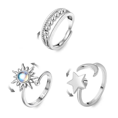 KNUIUYY 3anillos de ansiedad para mujer, anillos de plata giratorios abiertos ajustables para adolescentes y niñas, Anillo Antiestres Mujer con diseños de mariposa luna estrella, para mujeres ansiosas