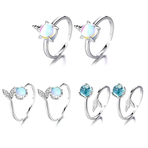 Liwein 6Pcs Anillo de Sirena, Ajustable Anillo de Mujer,Anillo de Plata para Niñas Mujer para Fiestas Regalo de Cumpleaños Boda