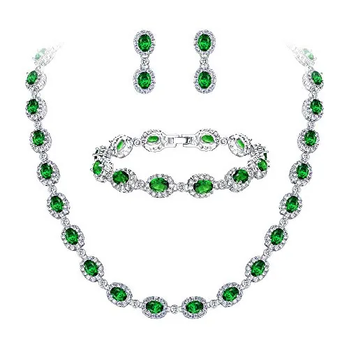 EVER FAITH Juegos de Joyas para Mujer Cristal CZ Boda Oval Lágrima Verde Tono Plateado Pulsera Collares Pendientes Conjunto