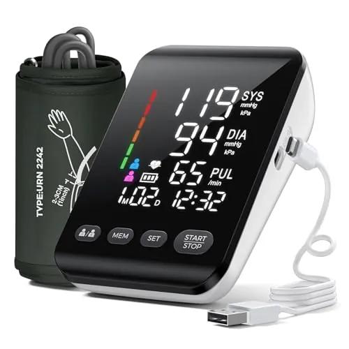 Tensiometro de Brazo Digital, Medidor Tension Arterial Profesional, Aparato Tension Arterial con Pantalla LED HD, Se Pueden Registrar 2 x 199 Datos de Usuario,Cable de Carga de Batería AA/Tipo-C