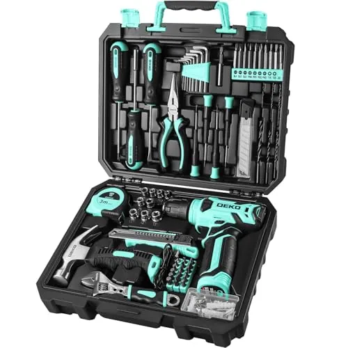 DEKO Caja Herramientas Completa con Destornillador Electrico/Taladro con bateria de 8V, Maletin de 126 Piezas, Caja profesional de herramientas Domésticas de Bricolaje para Oficinas y Jardín, Cyan